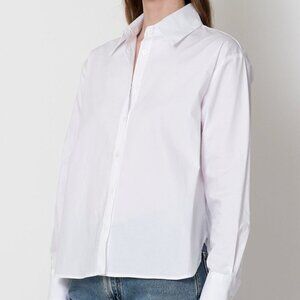 Secular Classic Button Up Blouse White Long Sleeve Cuffs Rear Pleat Cotton Top L